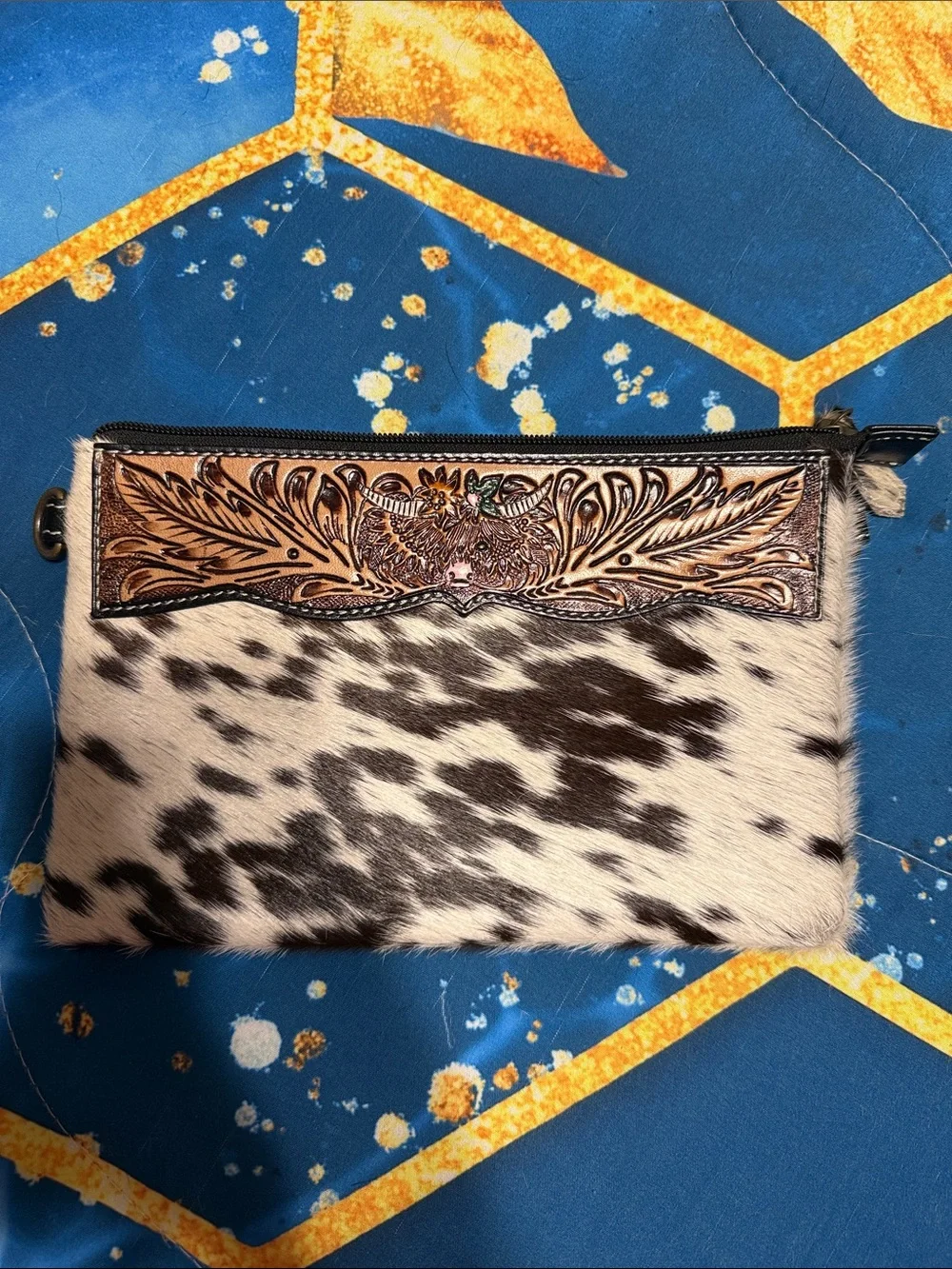 Myra Bag Brown and White Cowhide Clutch with Tooled Leather Accent
